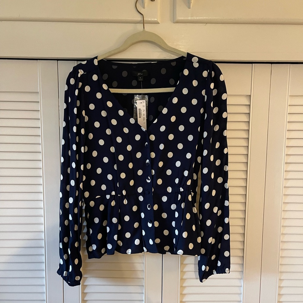 JCrew navy and white polka dot peplum blouse, size 6, NWT